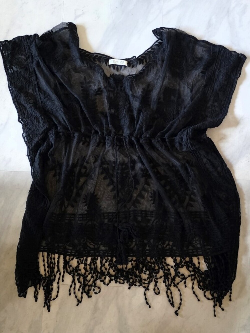 Rachel Zoe Black Lace Cover Up Summer Mesh Fringe Tunic Top XL